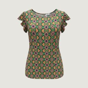 DR2 Daniel Rainn Green Medallion Pleated Flutter Sleeve Blouse DR24310PR1 Large